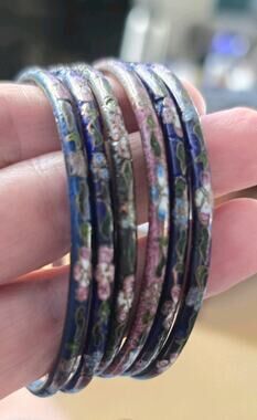 Vintage Cloisonne Enamel Floral Bracelets Set of 6 Multicolor Stackable 7.75"